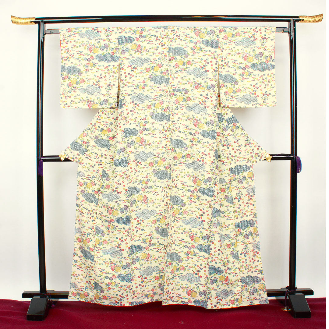 小紋 身丈162cm 裄丈63cm 袷 鳥の子色 型染 草花模様 正絹 Sランク クリーム系 1115002382415