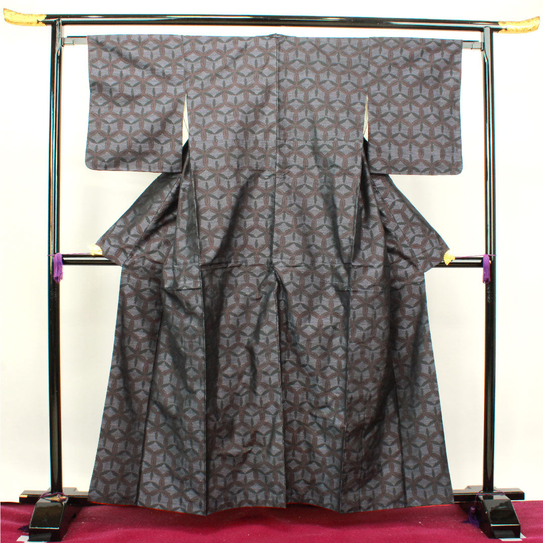 Oshima Tsumugi, Length 160cm, Sleeve length 63.5cm, Weft Kasuri, Shippo, Pure Silk, A Rank, Lined, Black, 1116002583410