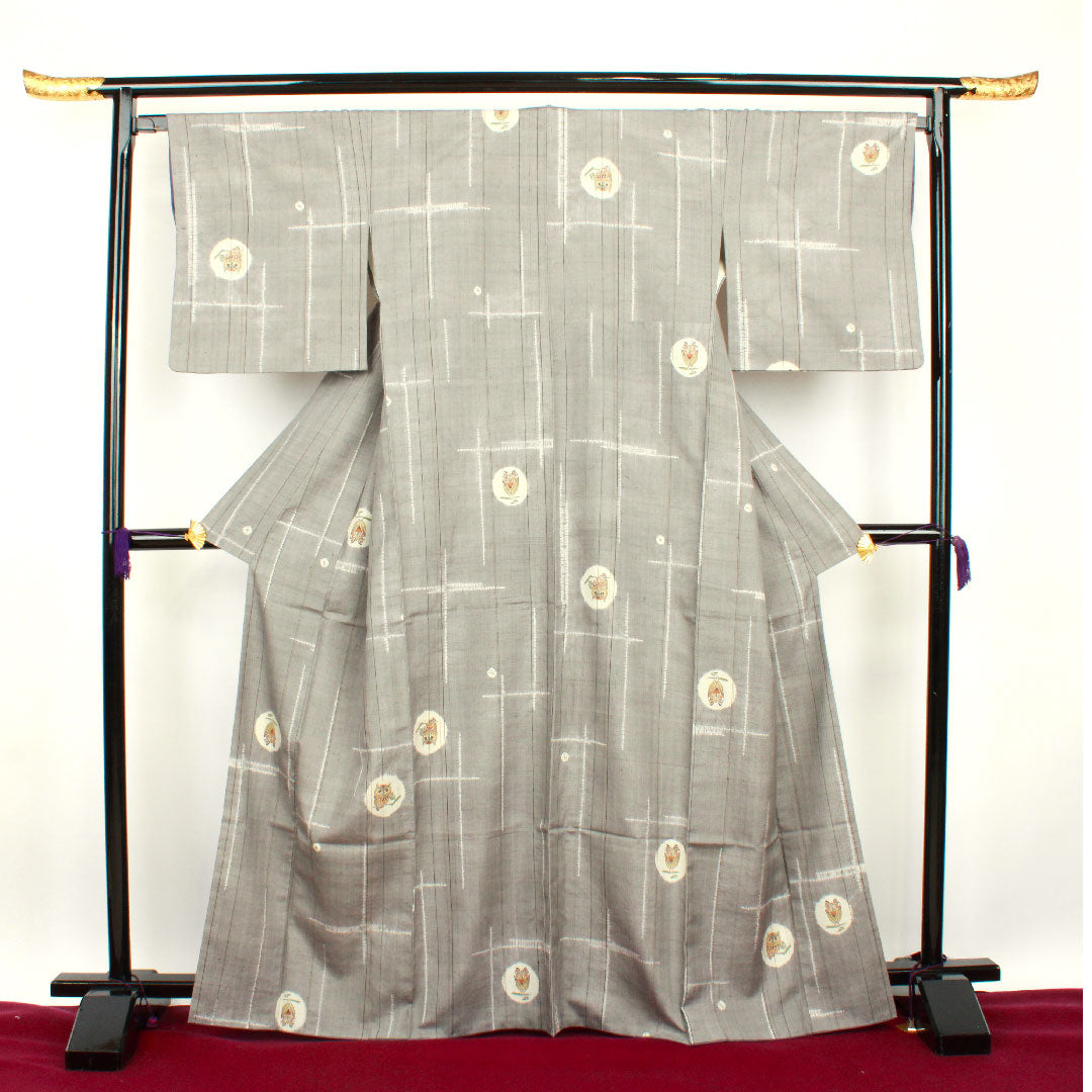 Tsumugi, Length 166cm, Sleeve length 67cm, Gray, Shibori, Owl, Pure silk, S rank, Awase, Gray, 1116002022522
