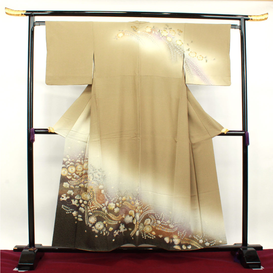 Homongi, pure silk, lined, length 154cm, sleeve length 64cm, sand color, Tsujigahana, thin rings and quince, S rank, beige, 1112003102225