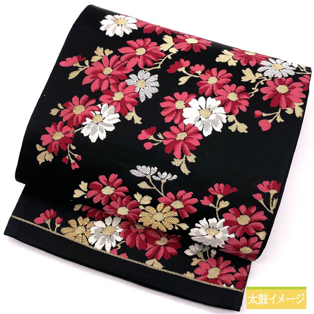 Formal black silk obi for furisode (long-sleeved kimono), floral pattern, 410cm long, S rank, six-fold hem, 1123014102310