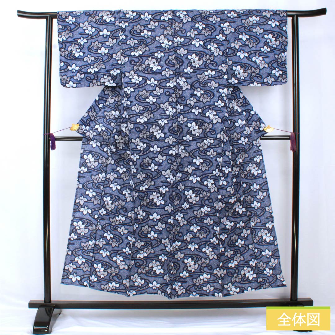 浴衣 木綿 身丈151.5cm 裄丈62cm Sランク 単衣 紺系 濃紺色(のうこんいろ) リップル 流水 アヤメ 1118005362218