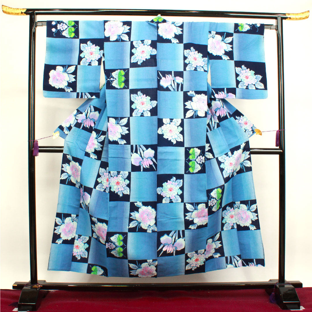 Yukata Checkered Hydrangea Grape Cotton S Rank Single Layer Length 153cm Sleeve Length 65cm Gradient 1118003052299