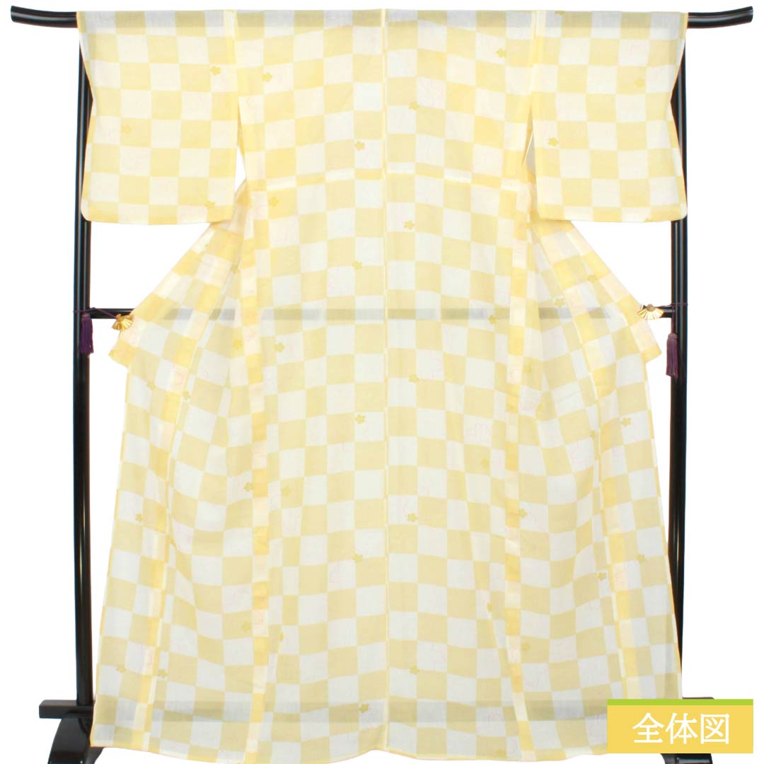 Summer Polyester Komon S Rank Length 167.5cm Sleeve Length 68cm Kikarakami-iro Checkered Sakura Washable Kimono Gauze Yellow 1132003542523