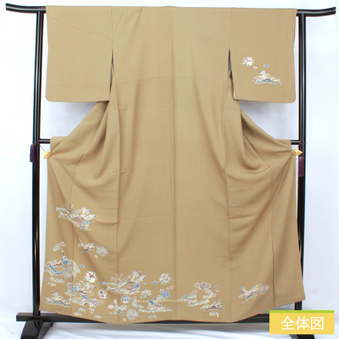 訪問着 正絹 Aランク 袷 身丈160cm 裄丈62.5cm 丁子煤竹色(ちょうじすすたけいろ) 琉球紅型 雪輪 鳳凰 風景 パールトーン加工 ベージュ系 1112007273425