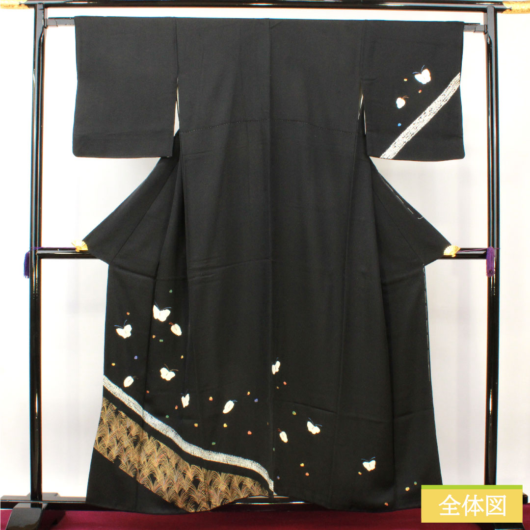 Homongi, pure silk, lined, length 157.5cm, sleeve length 63.5cm, tie-dye pattern, butterfly, A rank, black, 1112004393310