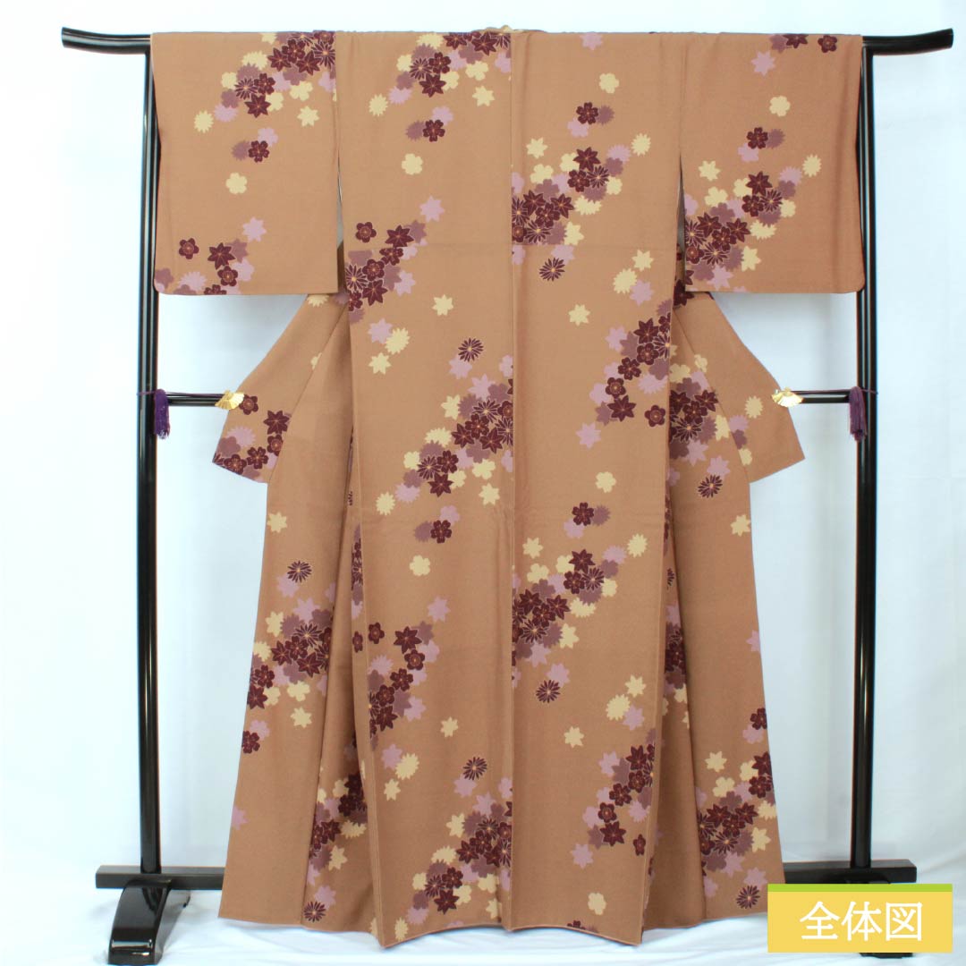 Small pattern, polyester, length 164.5cm, sleeve length 66.5cm, lined, hunting tiger brown (rakko brown), fukiyose, washable kimono, S rank, brown, 1115005802414