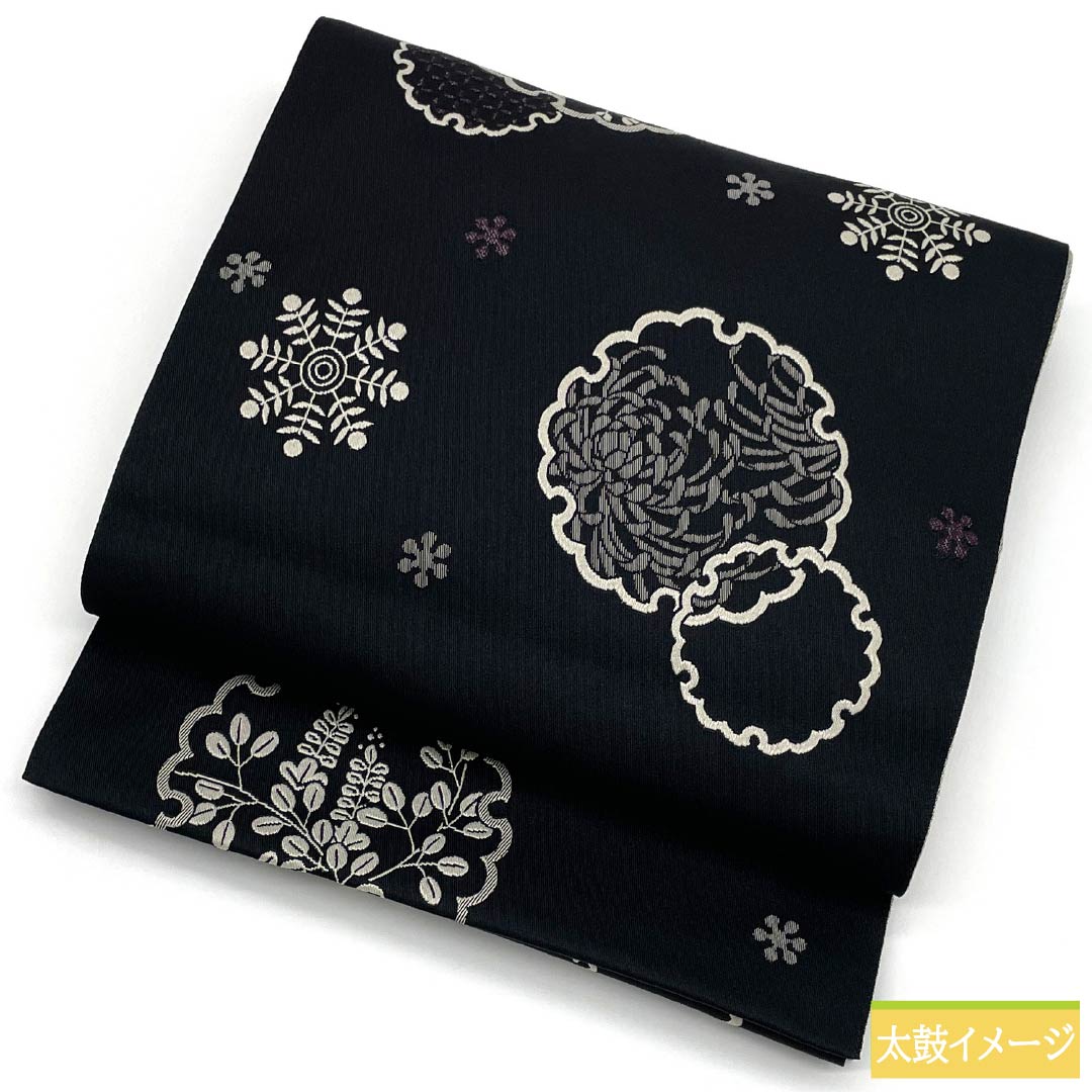 Nagoya Obi, Polyester, S-Rank, Snow Ring, Snow Crystal, and Ranchrysanthemum Designs, Length 369cm, Full Length, Casual, Black, 1124010862310, Pine Needle Stitching