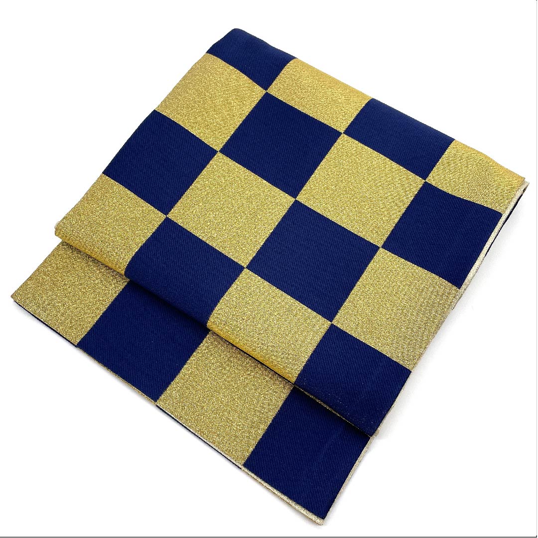 Gold-colored Fukuro Obi for Furisode, Checkered, Length 448cm, Pure Silk, S-Rank, Six-way, Formal, Gold-based, 1123006302321