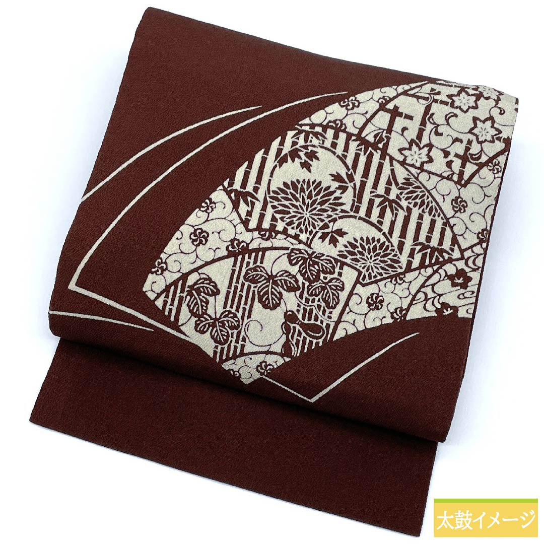 Nagoya Obi, Pure Silk, S-Rank, Dark Brown (Koichaiiro), Stencil-Dyed, Chirimen Fabric, Echigo Stencil-Dyed, Length 363cm, Pointed Pattern, Casual, Brown, Product Number 1124010492314, Nagoya Style
