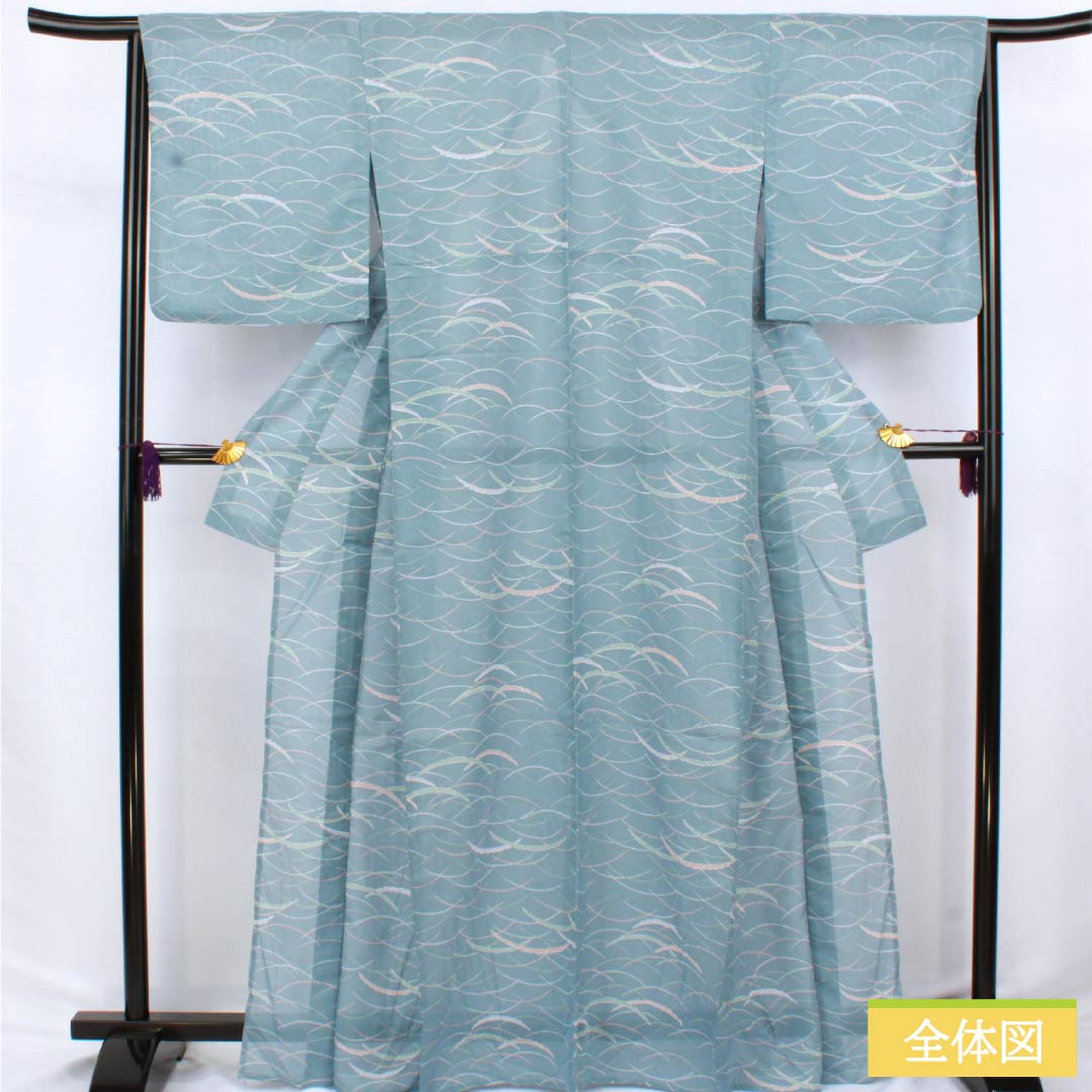Summer kimono, polyester, small pattern, length 166cm, sleeve length 66cm, Oborohana (Oborohana) color, dew grass, washable, silk pongee, S rank, light blue, product number 1132002492524