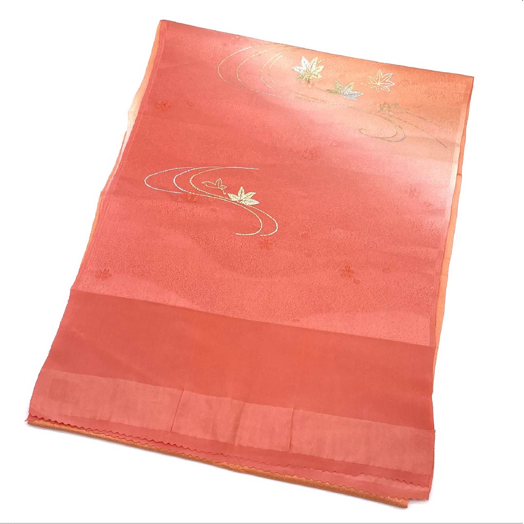 帯揚げ 正絹 Aランク セミフォーマル 珊瑚色(さんごいろ) 流水 紅葉 桜 長さ約169cm 幅約29.5cm ピンク系 1136003033913