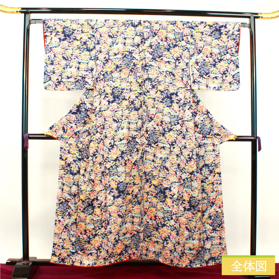 Small pattern, pure silk, length 157cm, sleeve length 64cm, lined, navy blue bellflower color, floral pattern, Chayatsuji, S rank, navy blue, 1115003632318