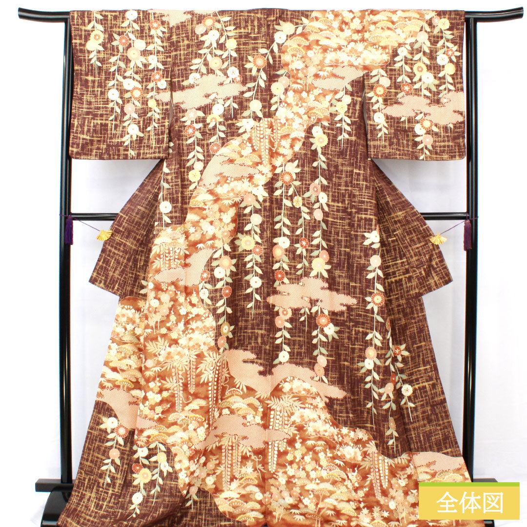 訪問着 正絹 袷 身丈170.5cm 裄丈63.5cm 黒紅梅色(くろこうばいいろ) 京友禅 松竹梅 菊 Sランク 茶系 1112004982614