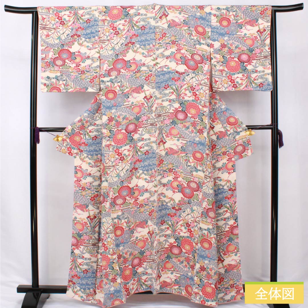 Komon (small pattern) silk, A-rank, length 158.5cm, sleeve length 64cm, lined, light-colored (usunukuiro) Kyoto Bingata pattern, auspicious motif, white with basting threads, product number 1115006983311