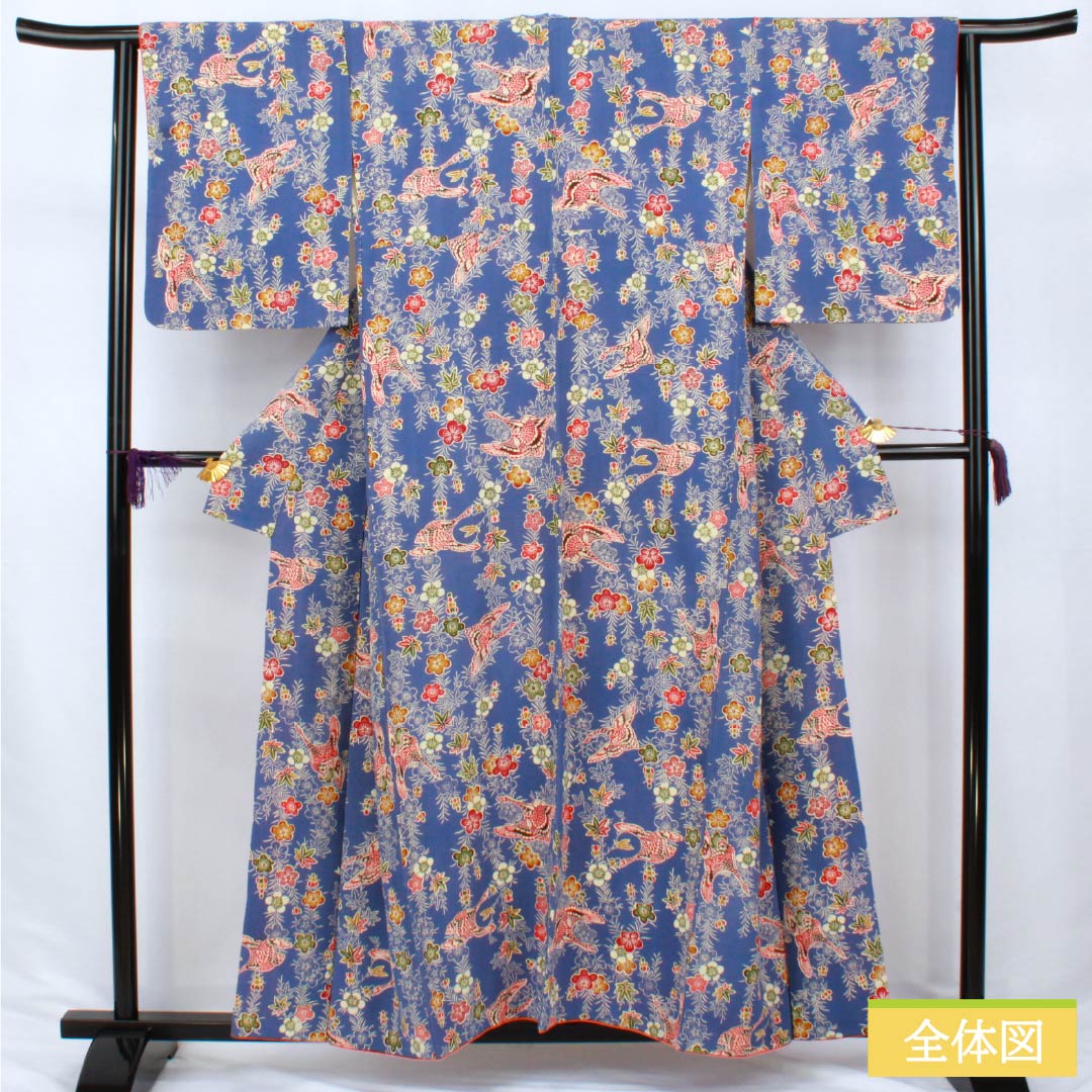 Komon (small pattern) silk, A-rank, length 155.5cm, sleeve length 63.5cm, lined, navy wisteria color, stencil dyeing, crane, plum, blue tones, 1115006863317