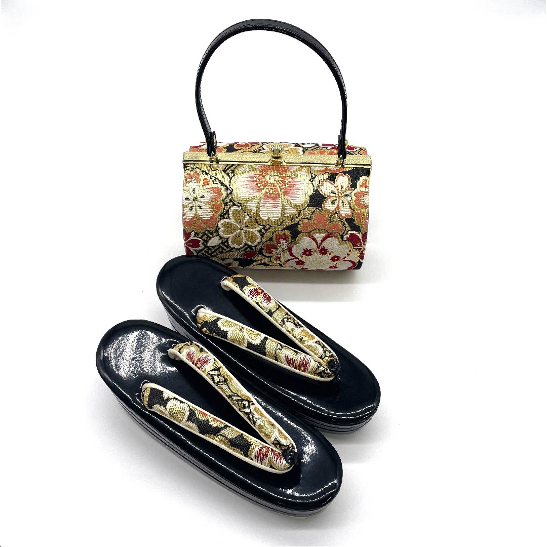 (New old stock) Formal sandal and bag set, black, unused, for furisode, cherry blossom, size M, black, rank S, 1133000062310