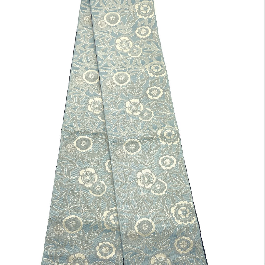 (新品)半幅帯 ポリエステル NEWランク 青鈍色(あおにびいろ) 花柄 横段 リバーシブル 帯丈400cm 青系 1125002521417