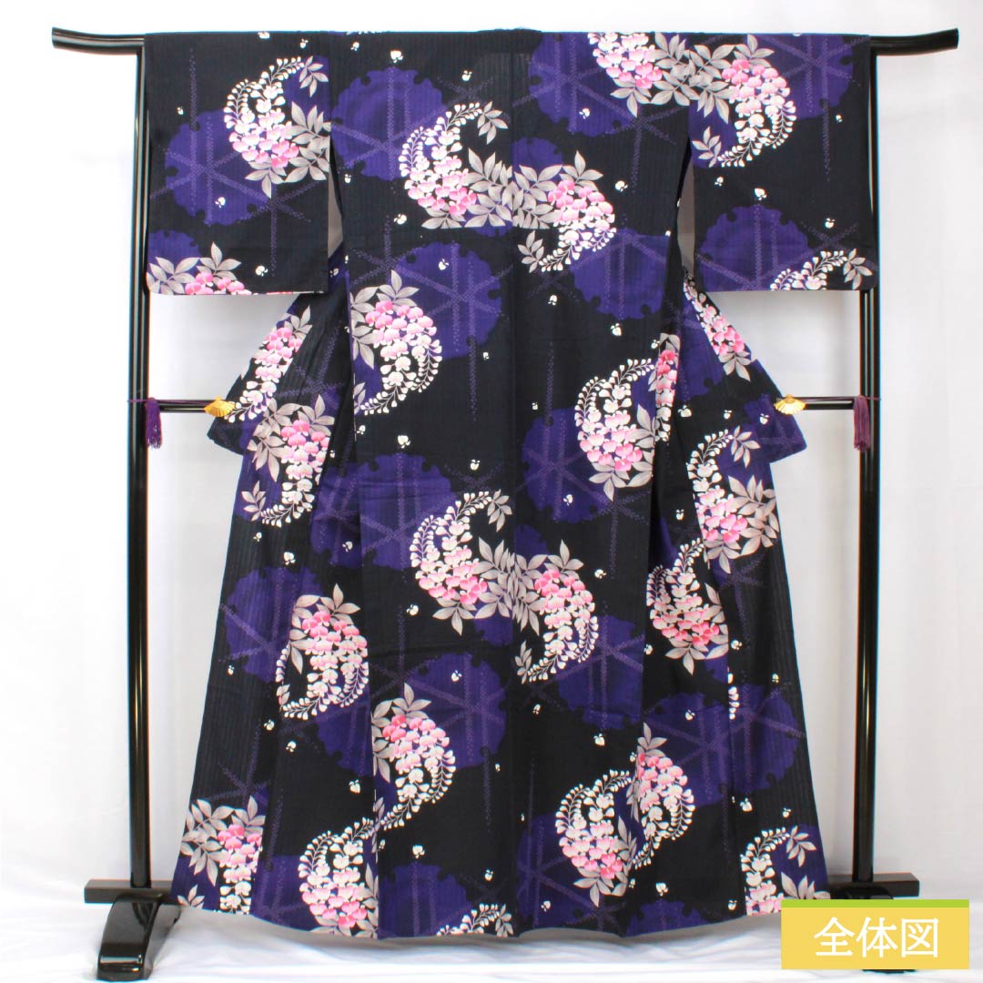 Yukata Cotton Length 161.5cm Sleeve length 66cm S rank Single layer Black Snowflake Wisteria 1118005392410