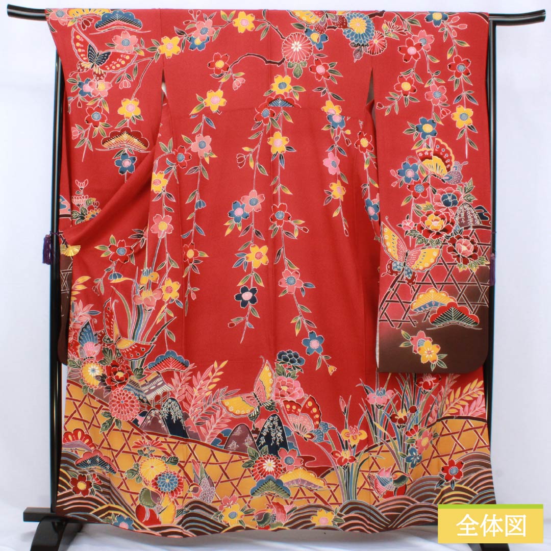 振袖 正絹 Sランク 身丈162cm 裄丈67.5cm 袷 柘榴色(ざくろいろ) 京紅型 吉祥文様 蝶 パールトーン加工 赤系 1113002392412