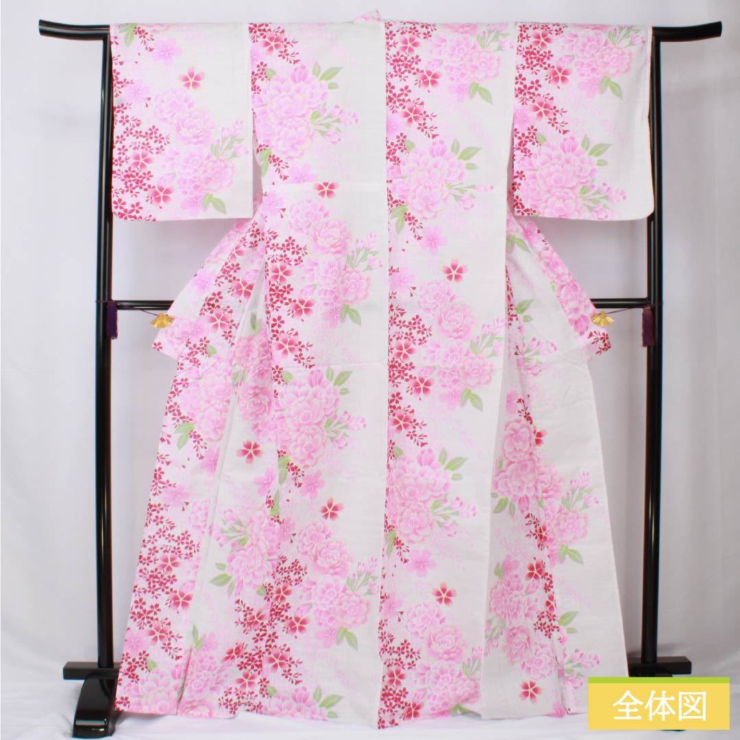 Cotton Yukata, Length 167.5cm, Sleeve Length 65.5cm, S Rank, Single Layer, White, Floral Pattern, 1118005922511