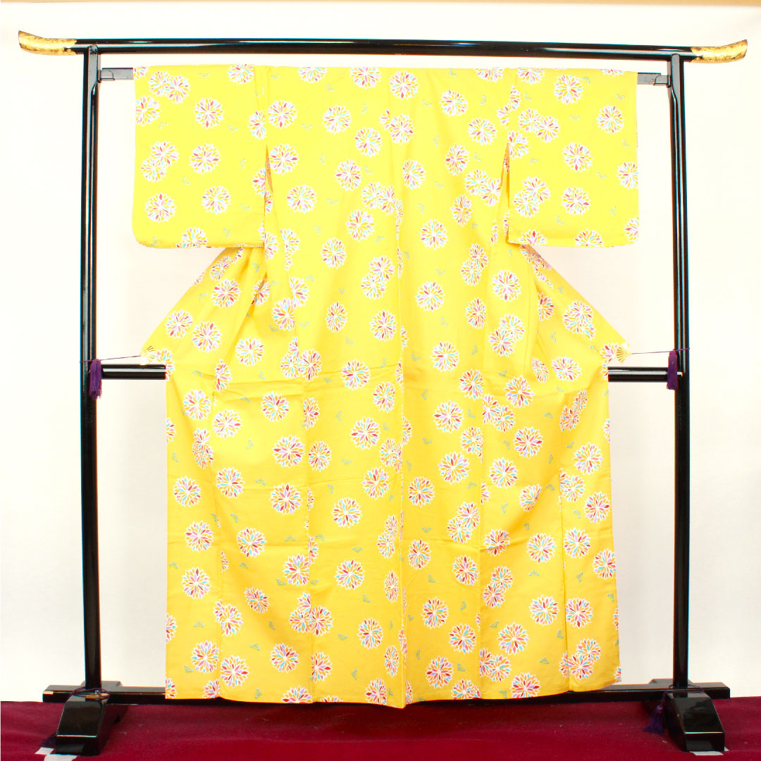 Yukata, Shishigoto color, abstract pattern, cotton, S rank, single layer, length 160.5cm, sleeve length 64cm, yellow, 1118001232423