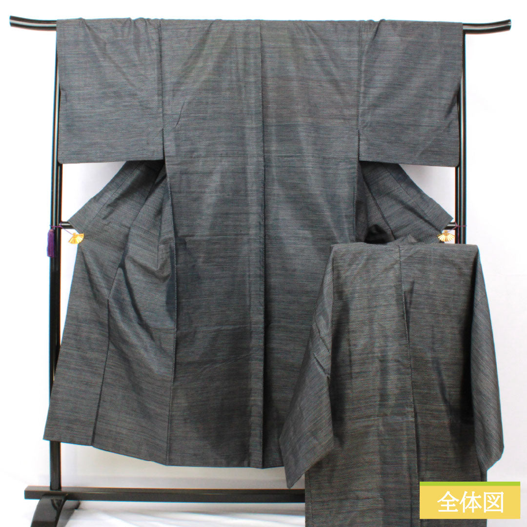 Men's Pure Silk A-Rank Oshima Tsumugi Kimono, Length 147cm, Sleeve Length 68cm, Double Kasuri Pattern, with Haori Cord, Navy Blue, Item Number 1119001603418