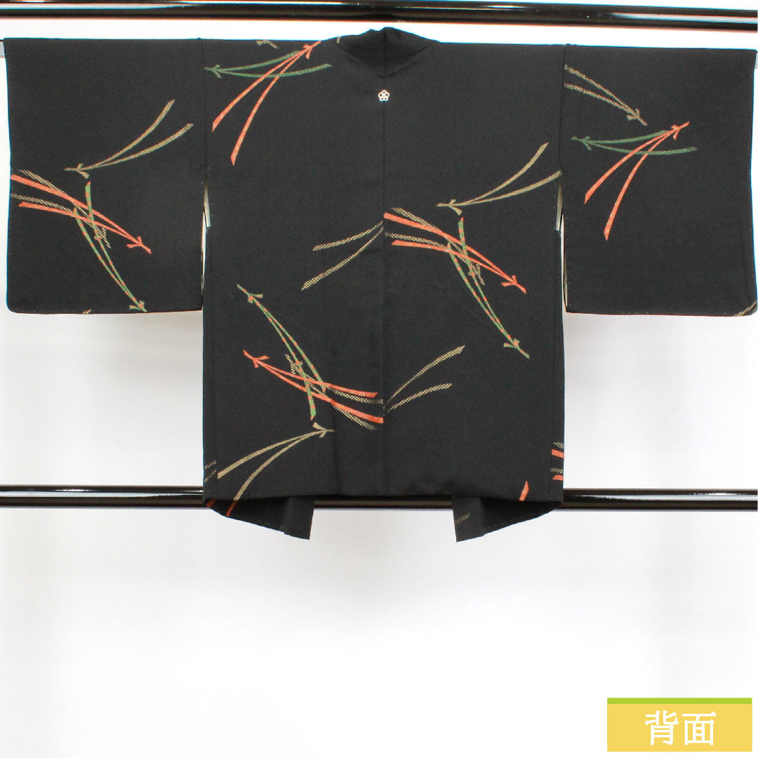 Haori, pure silk, length 78cm, sleeve length 63.5cm, black haori, pine needles, one crest, bellflower and three scales, S rank, lined, black, 1117000822910