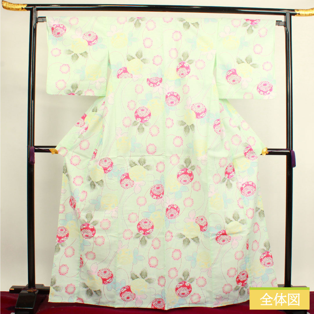 Yukata Cotton Length 167.5cm Sleeve length 66.5cm S rank Single layer Greenish white-green Abstract flower 1118004632519