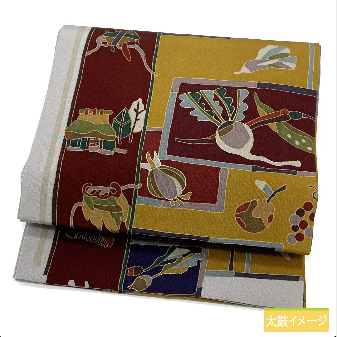 Nagoya obi, pure silk, tin color, vegetable pattern, long, agricultural equipment, obi length 384cm, S rank, full length, casual, gray, 1124006282422, open style