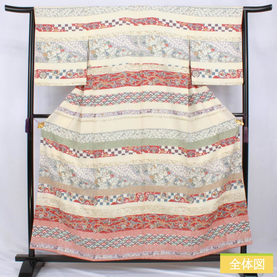 Homongi Silk S-rank Awase Length 156.5cm Sleeve-to-sleeve 63.5cm Neri-iro Kyo-Yuzen Horizontal stripes Classic pattern Cream 1112007712315