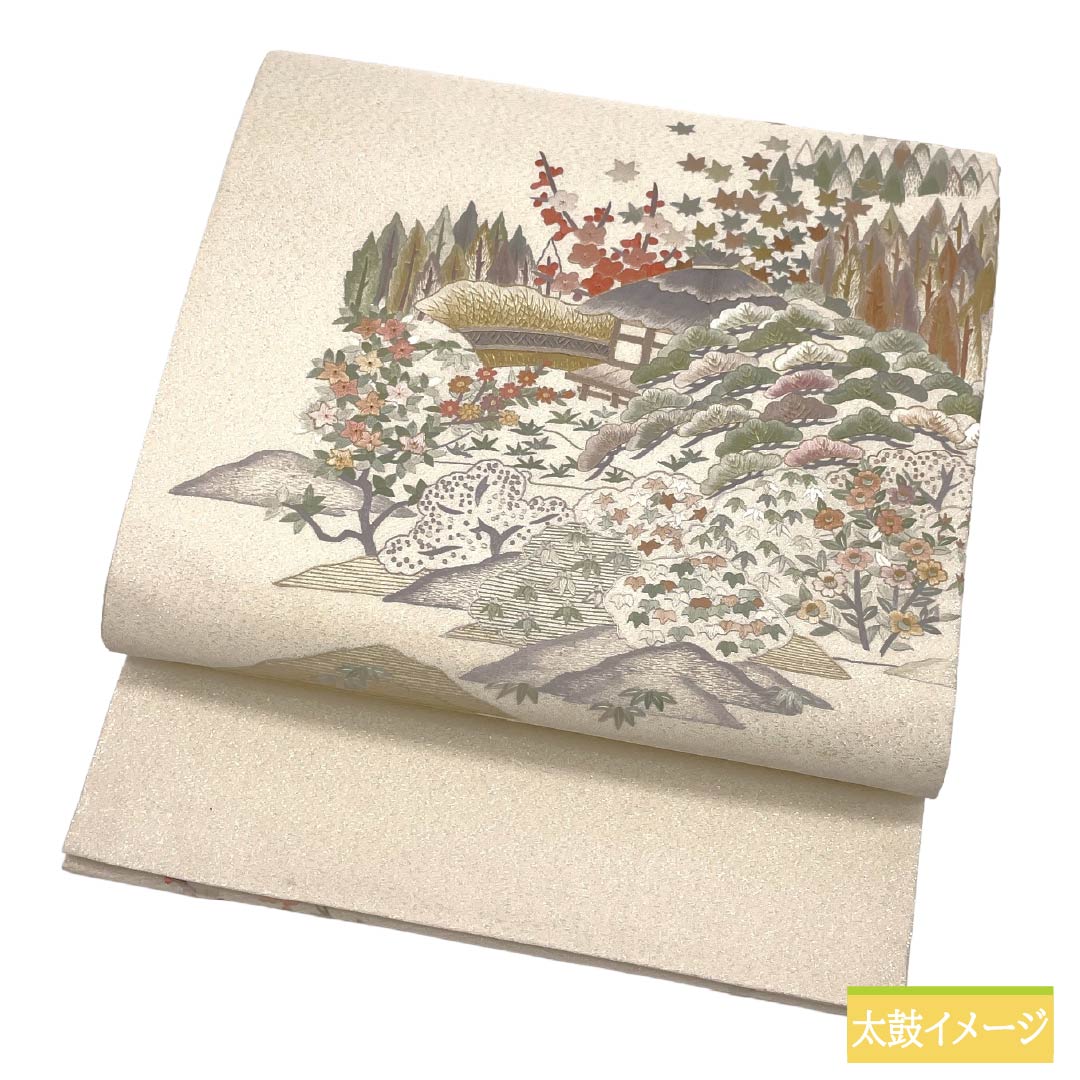 袋帯 正絹 Aランク 生成り色(きなりいろ) 蘇州刺繡 綴れ地 風景模様 銀糸 帯丈468cm ポイント柄 セミフォーマル 白系 1123017533411
