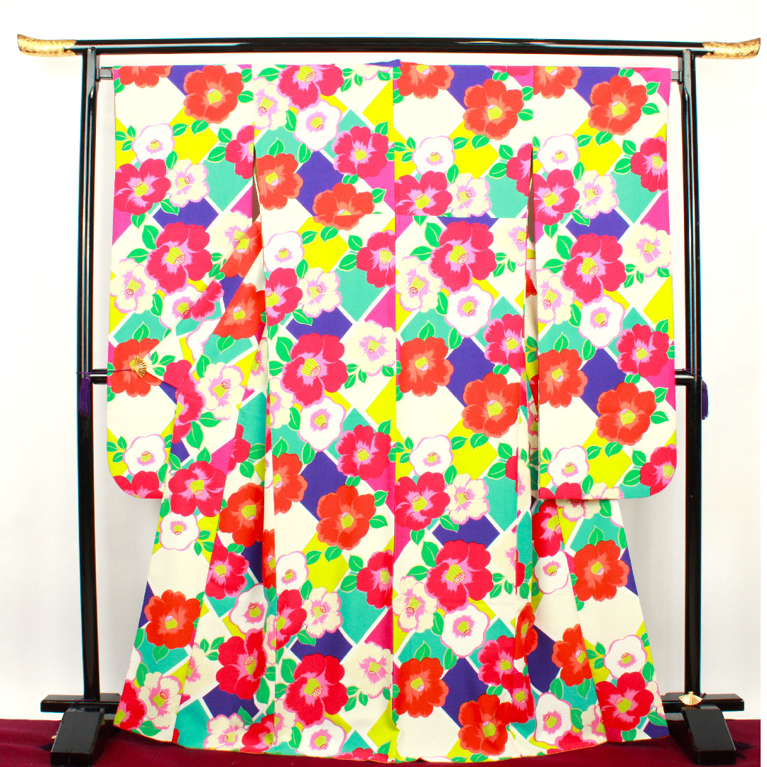 Long-sleeved kimono, length 169cm, sleeve length 68cm, lined, washable, camellia, poly, S rank, gradation, 1113001132599