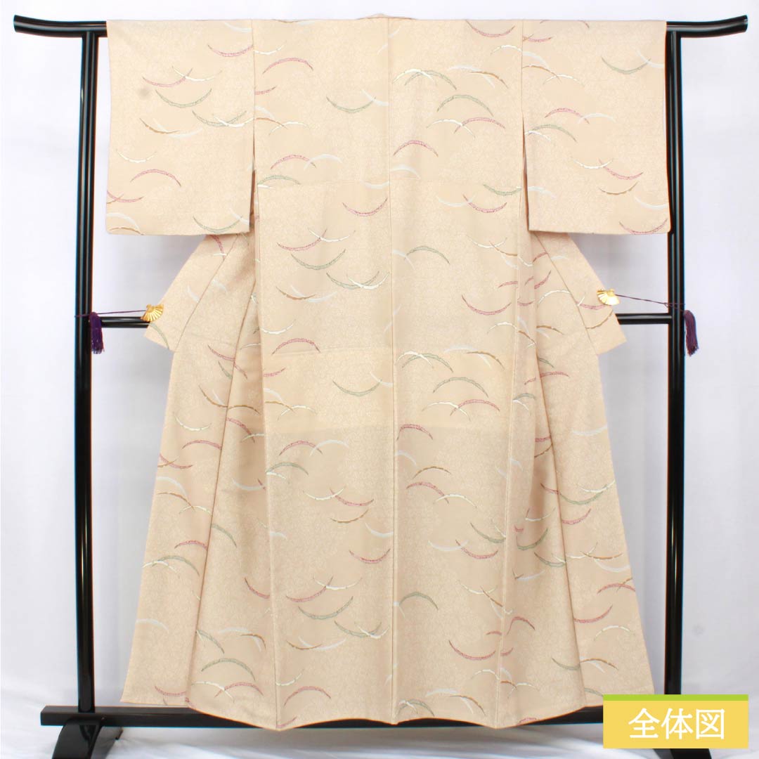 Komon (small pattern) polyester kimono, A rank, length 155.5cm, sleeve length 63cm, lined, walnut color (kurumiiro) with dew-grass pattern, backless, washable, beige, 1115007123325