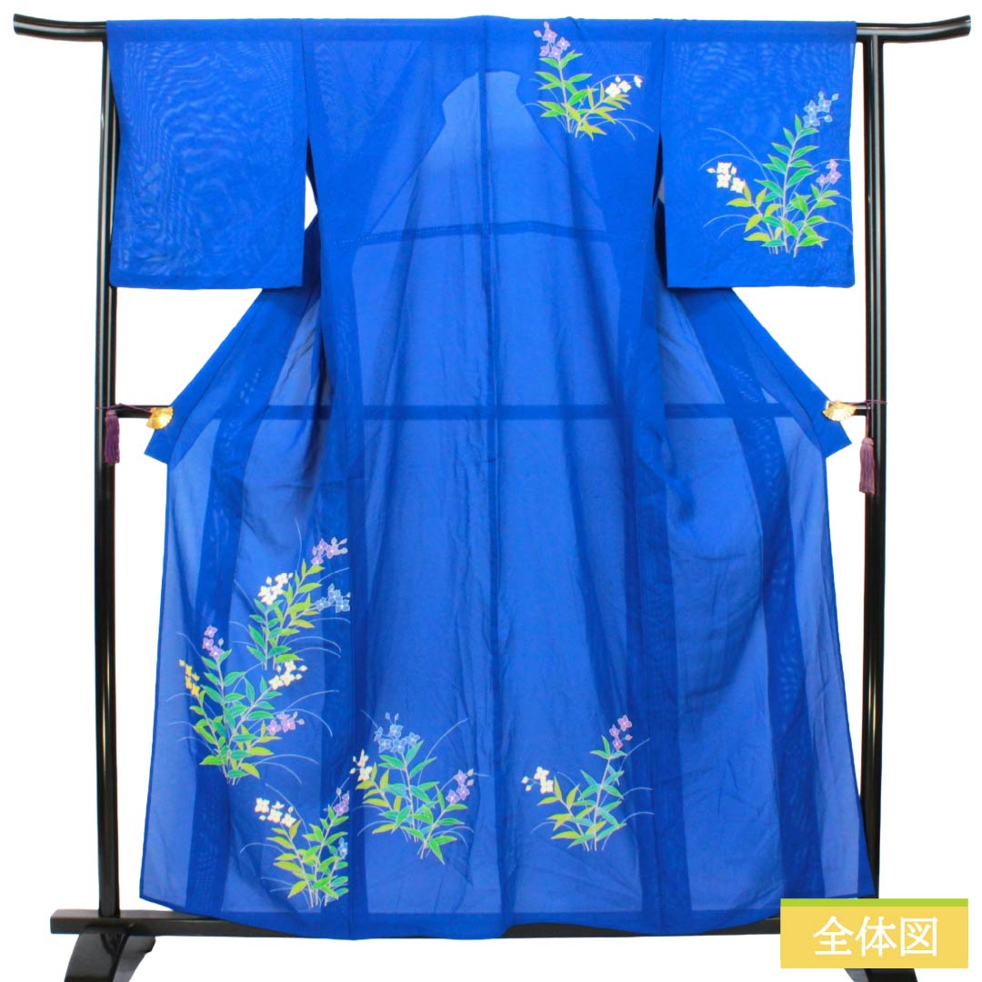 Summer Silk Homongi A-Rank, Length 157.5cm, Sleeve-to-Sleeve 64cm, Lapis Lazuli, Tsukesage, Floral Pattern, Kyo-Yuzen, Ro, Blue, 1132003753317