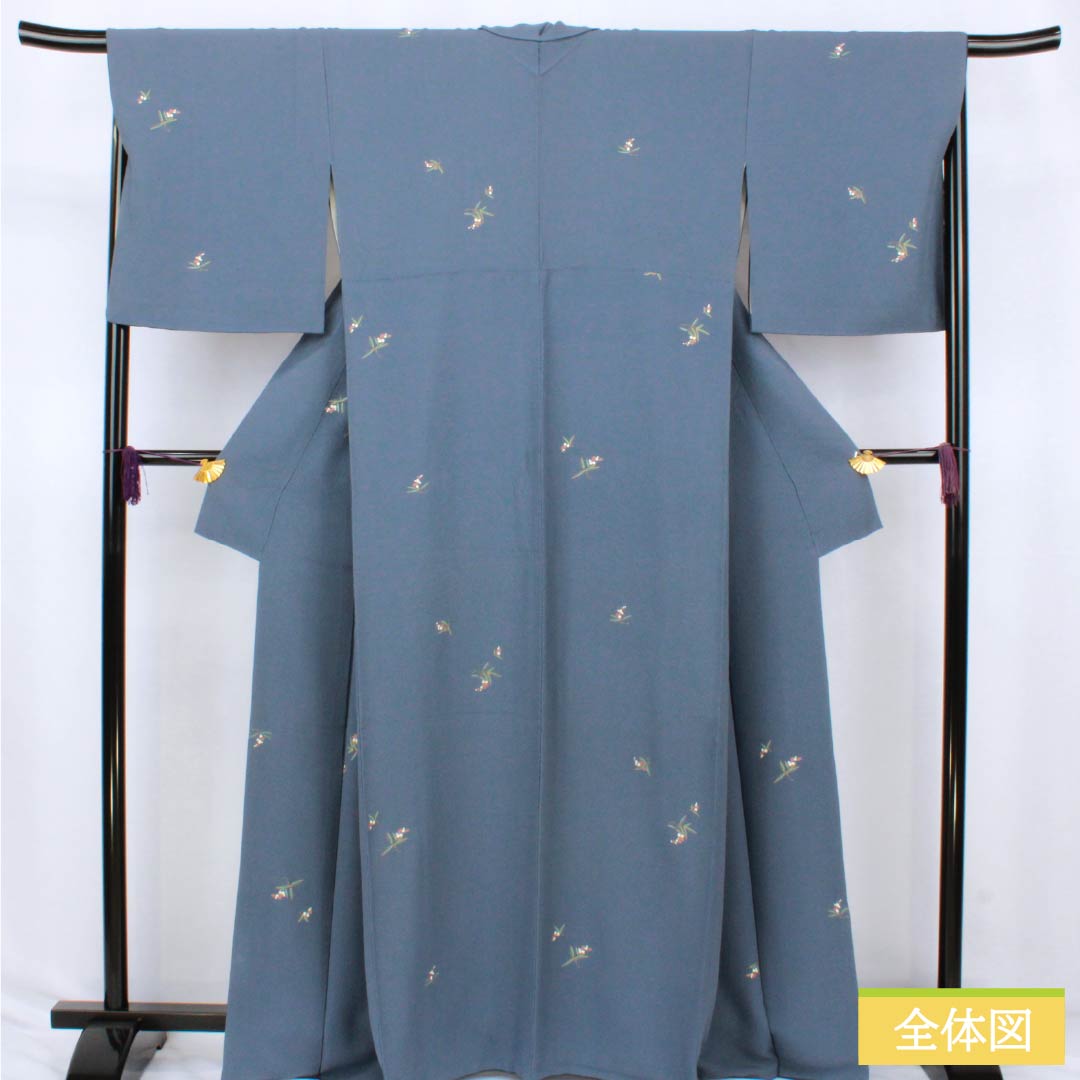Komon (small pattern) kimono, pure silk, A rank, length 165cm, sleeve length 68cm, lined, lining color (urai-iro), small floral print, crepe fabric, pearl tone finish, blue, 1115007293517