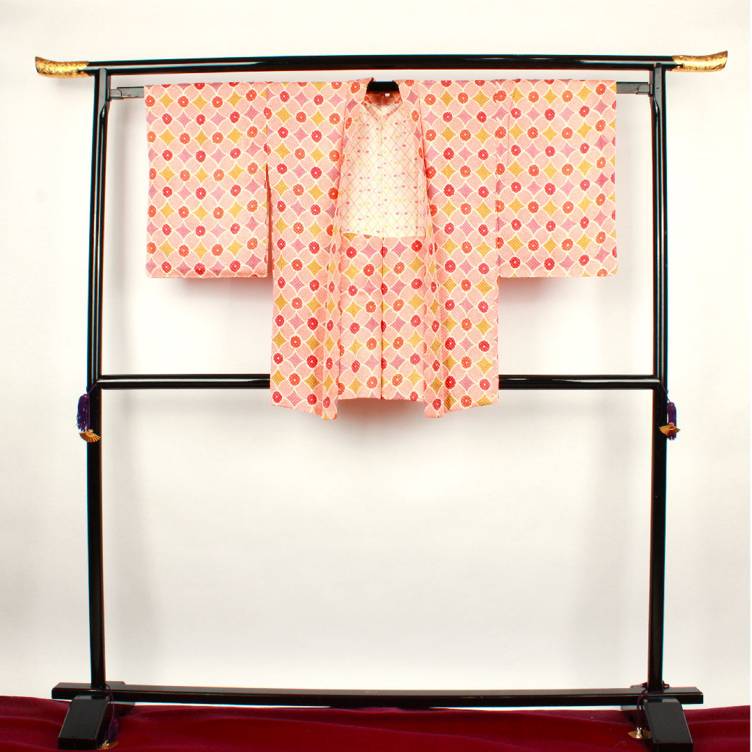 Haori, Length 82cm, Sleeve length 62.5cm, Medium crimson, Shibori, Geometric pattern, Pure silk, A rank, Lined, Pink, 1117000263913