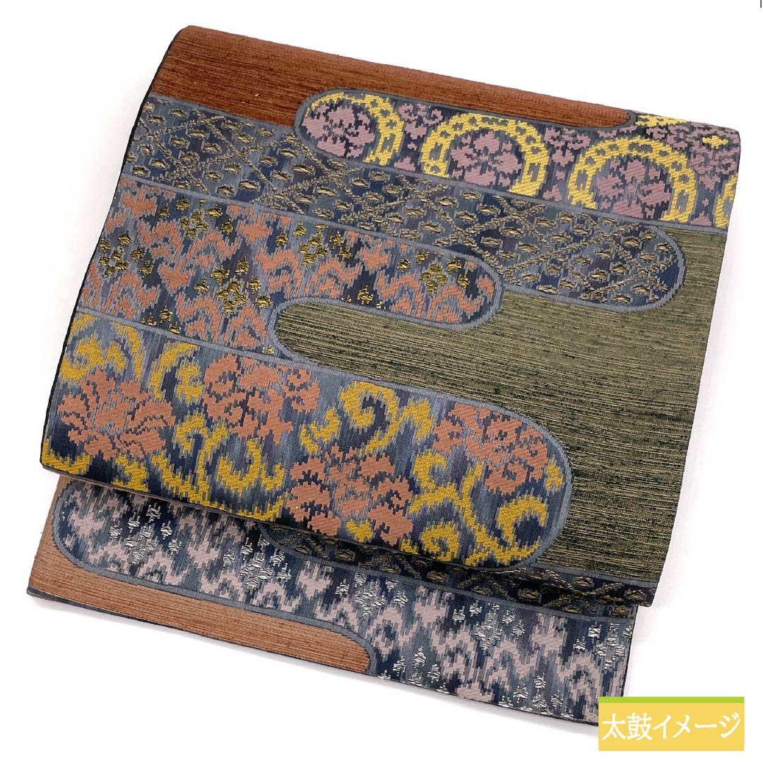 Fukuro Obi, Pure Silk, Flower Arabesque, Circle with Flowers, Horizontal Stripes, Length 446cm, A Rank, Six-Way, Casual, Gradient Style, 1123012423399