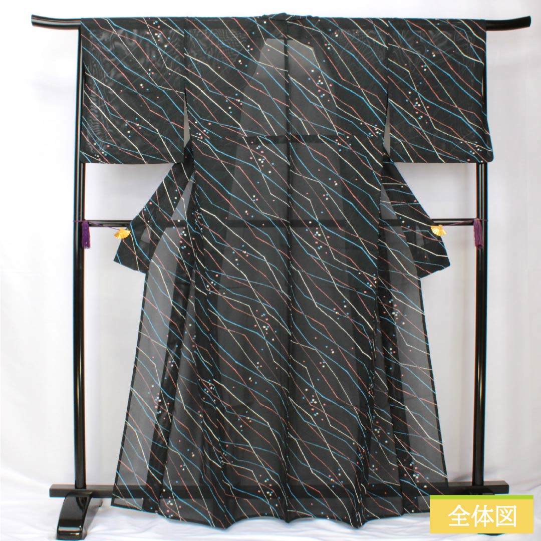 夏物 ポリエステル 小紋 身丈164.5cm 裄丈68cm 幾何学模様 洗える着物 絽 Sランク 黒系 1132002242410