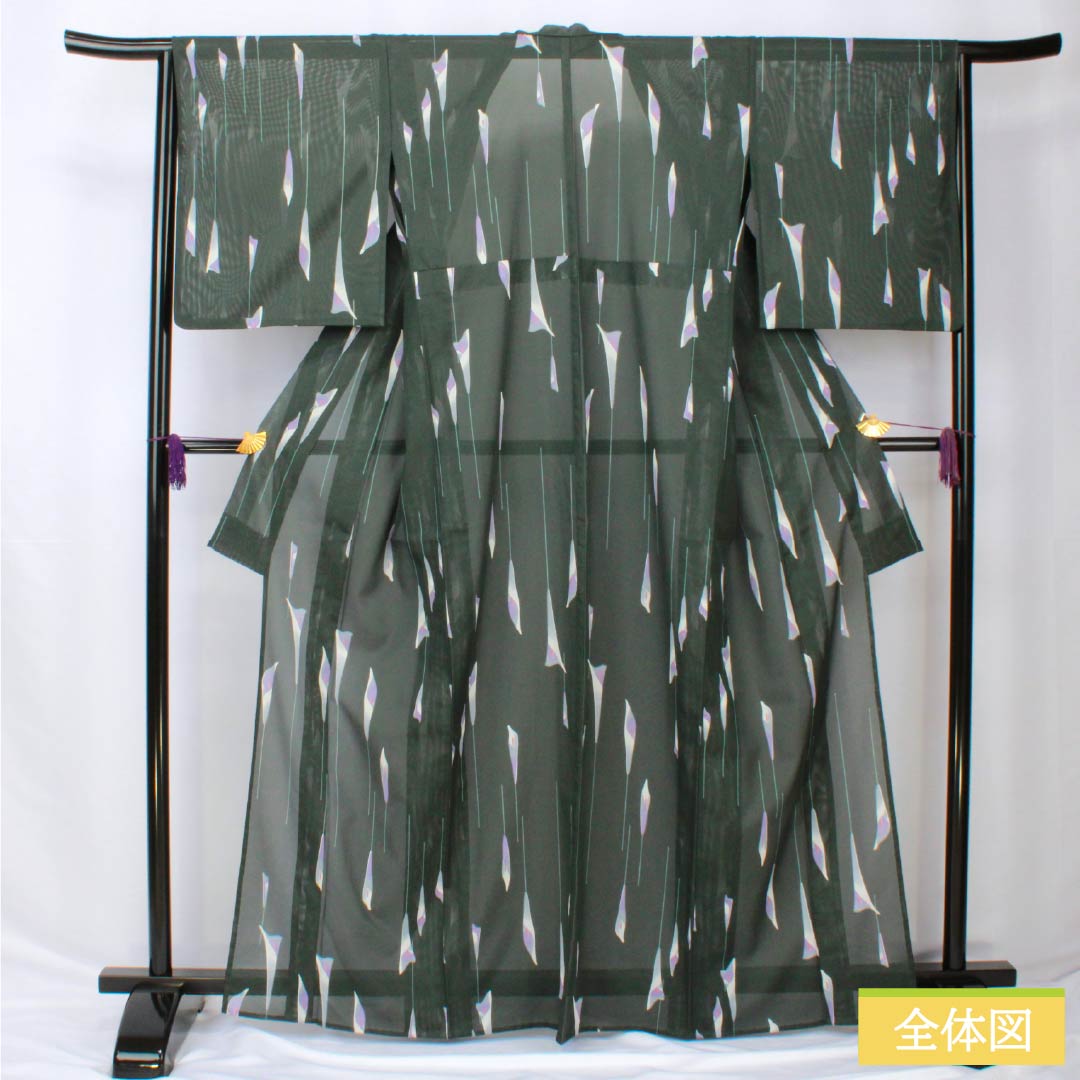 Summer kimono, polyester, small pattern, length 166cm, sleeve length 65cm, washable kimono, silk, S rank, green, 1132002342519