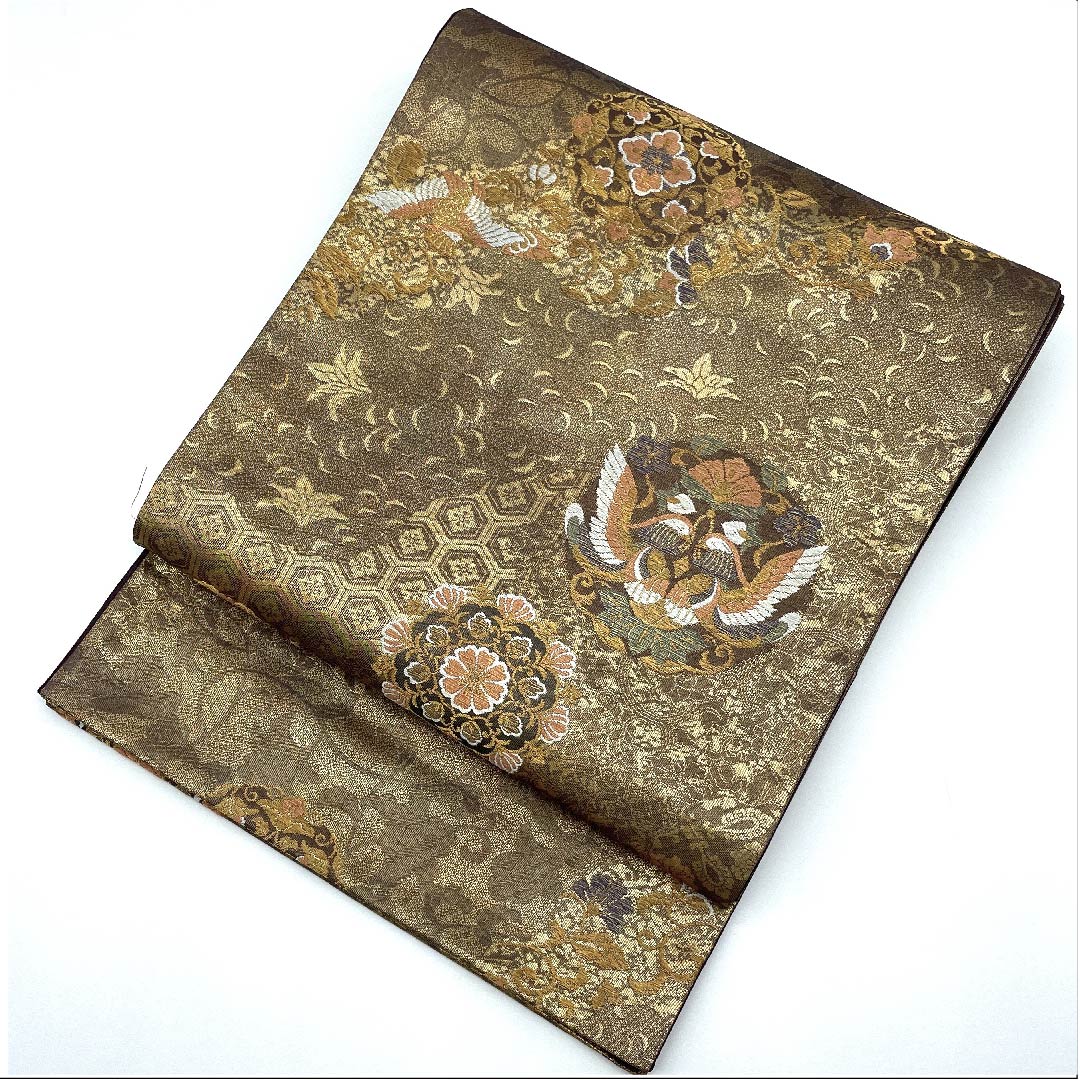 Fukuro Obi Gold Hosohana Flower Arabesque Phoenix Obi Length 428cm Pure Silk A Rank Six-pass Formal Beige 1123007593325