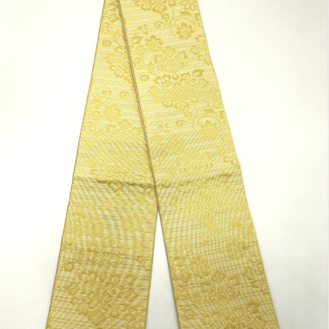(新品)半幅帯 ポリエステル NEWランク 卵色(たまごいろ) 象牙色(ぞうげいろ) 唐花模様 七宝つなぎ リバーシブル 帯丈400cm 黄系 1125002561423