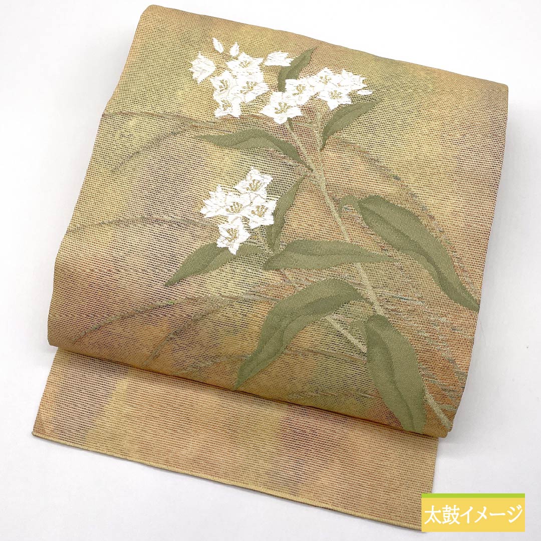 Nagoya Obi, Pure Silk, Summer Obi with Dried Foil and Embroidered Bellflower Design, Length 355cm, S-Rank, Semi-Formal, Gradient Pattern, 1124008682399, Nagoya Style
