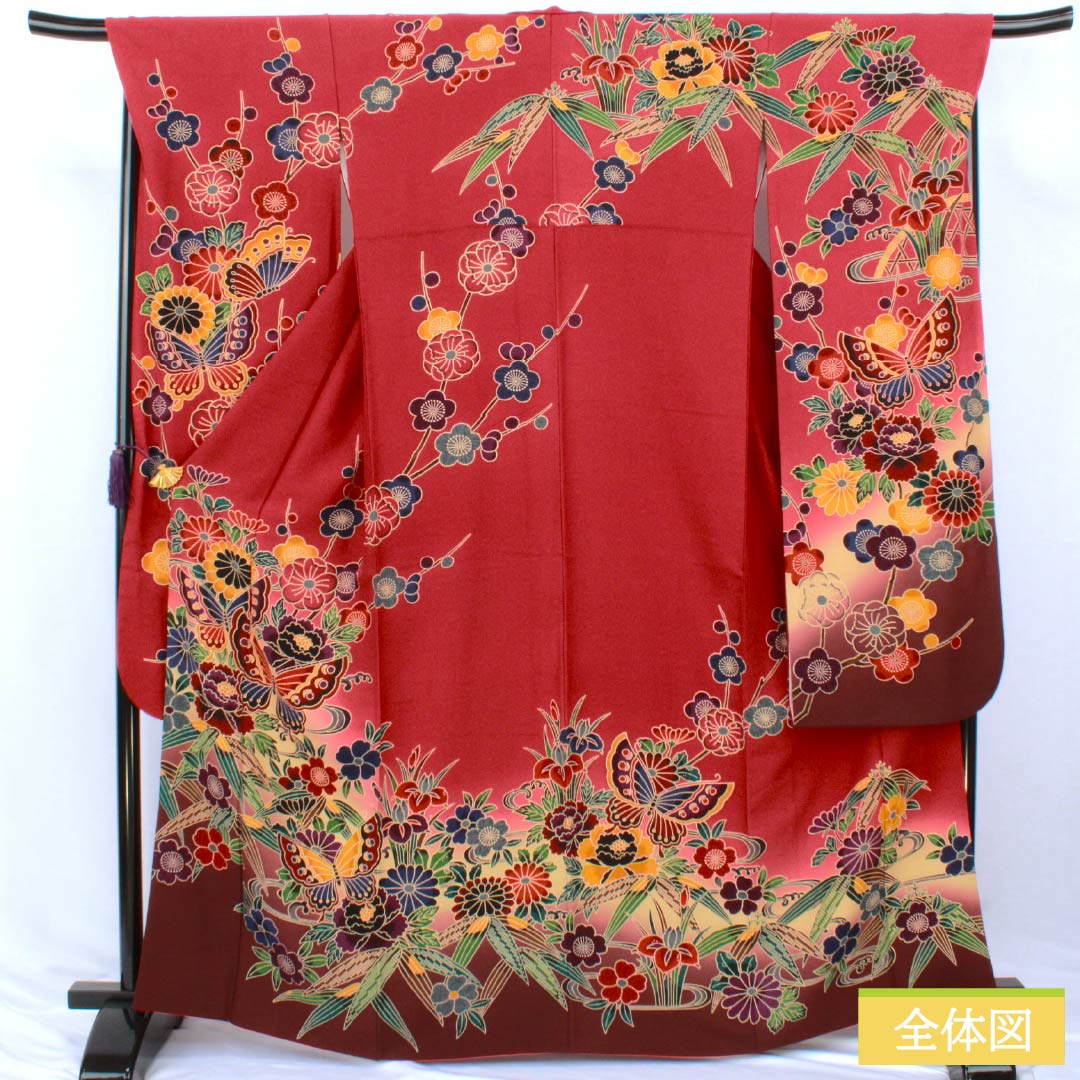 振袖 正絹 Aランク 身丈164cm 裄丈69cm 袷 真紅色(しんくいろ) 京紅型 吉祥文様 赤系 1113002963412