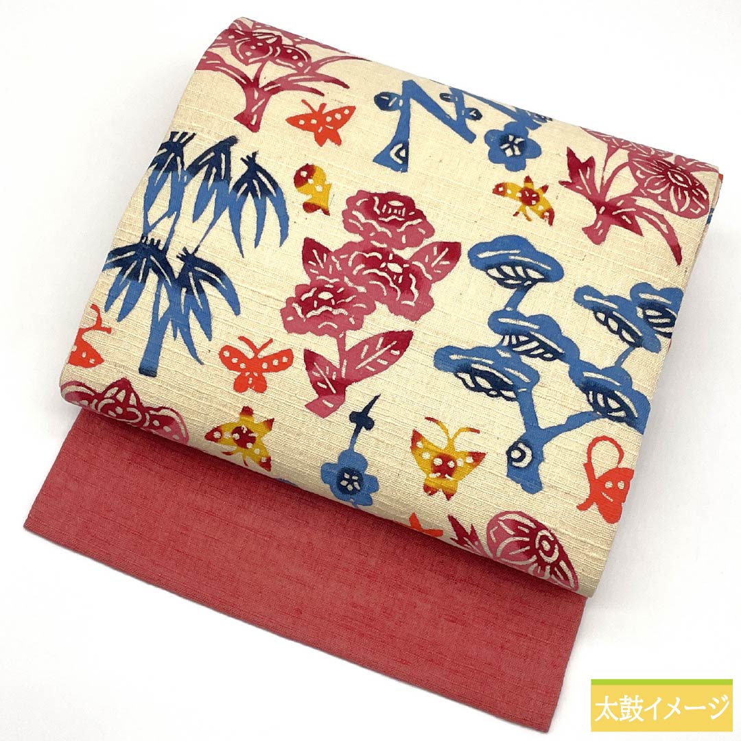 Nagoya Obi, Pure Silk, S-Rank, Natural Color (Kinari-iro), Stencil-Dyed, Tsumugi Fabric, Bingata Style, Length 369cm, Six-Ply, Casual, Cream-Tone, Product Number 1124009692315, Nagoya Style