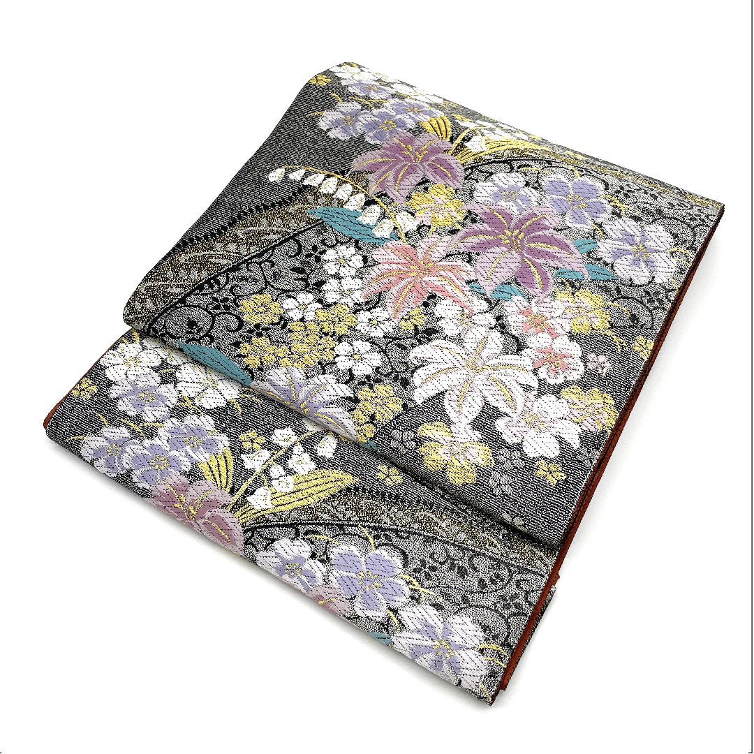 【未仕立】袋帯 正絹 NEWランク 花柄 振袖用 桜 帯丈455cm 六通 セミフォーマル 黒系 1123002501410