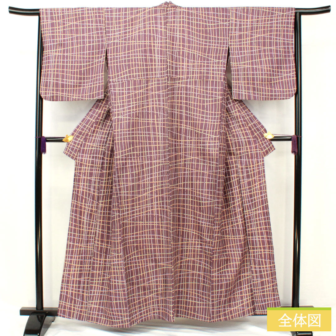 Small pattern, polyester, length 159cm, sleeve length 66cm, single layer, ancient purple, washable kimono, checkered pattern, A rank, purple, 1115004863320