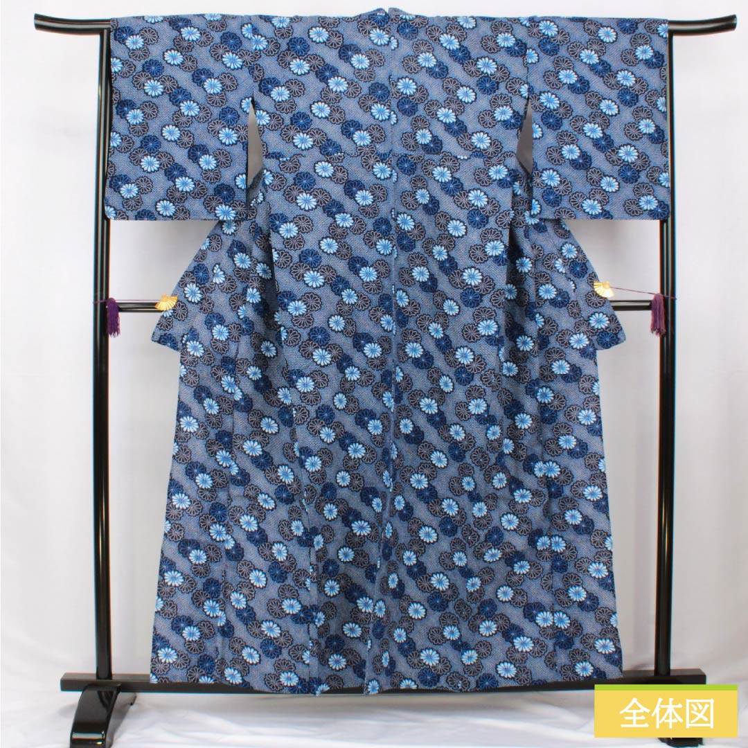 浴衣 木綿 身丈157cm 裄丈65cm Aランク 単衣 紺系 褐色(かちいろ) 菊 リップル 1118006473318