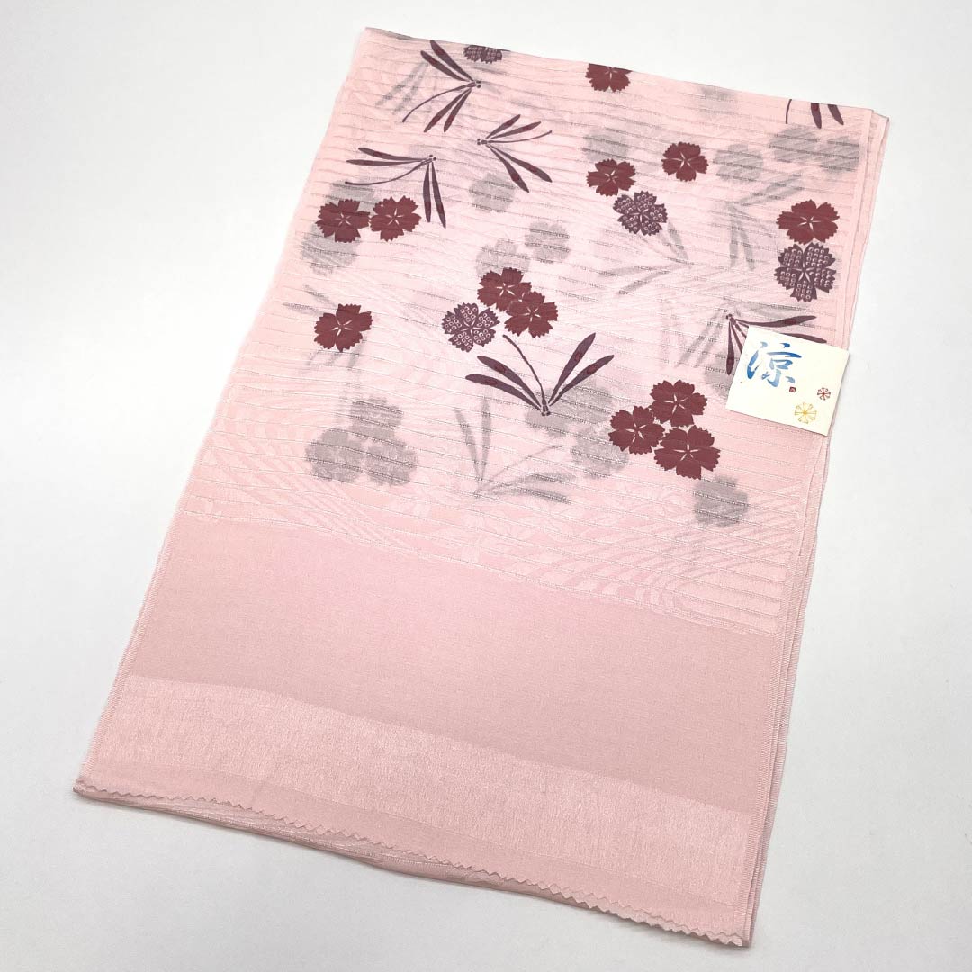 (新品)帯揚げ 正絹 セミフォーマル 淡紅色(たんこうしょく) 夏物 撫子 トンボ 長さ約170cm 幅約28.5cm NEWランク ピンク系 1136000711913