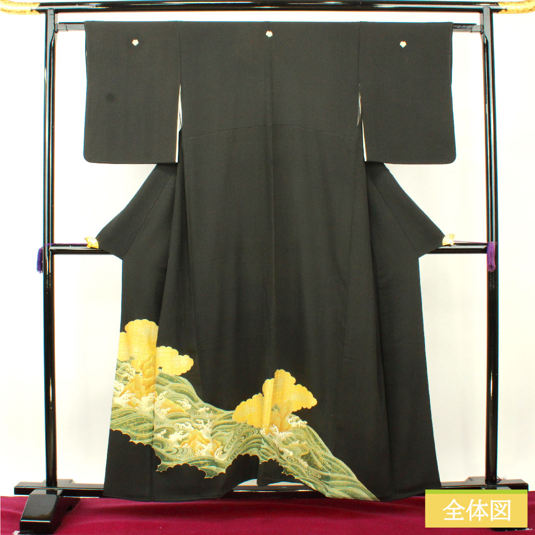 Black formal kimono, pure silk, length 156.5cm, sleeve length 61.5cm, lined, wave, hidden placket, five crests, ivy, A rank, black, 1111001373310